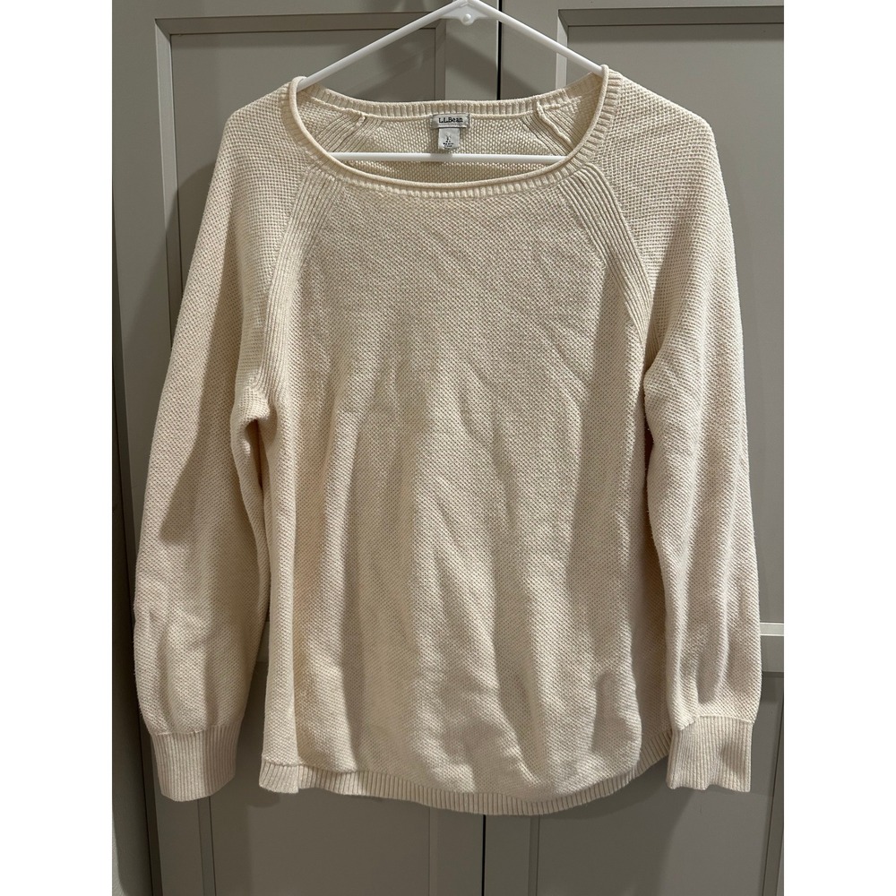 LL Bean Womens Cream Seed Stitch Raglan Crewneck Sweater Large Ivory Cotton Knit